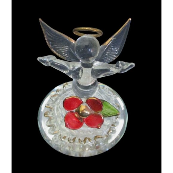 Glass Angel Figurine With Gold Accents and  Red Flower On Round Mirror Base - Picture 5 of 7